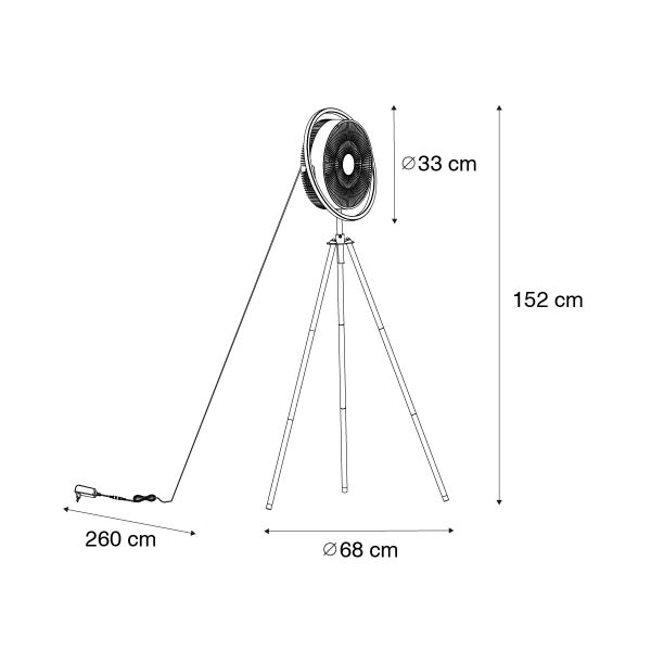Stativ-Ventilator Maße: Höhe 152 Zentimeter, Kopf-Durchmesser 33 Zentimeter, Standbreite 68 Zentimeter, Kabellänge 260 Zentimeter.