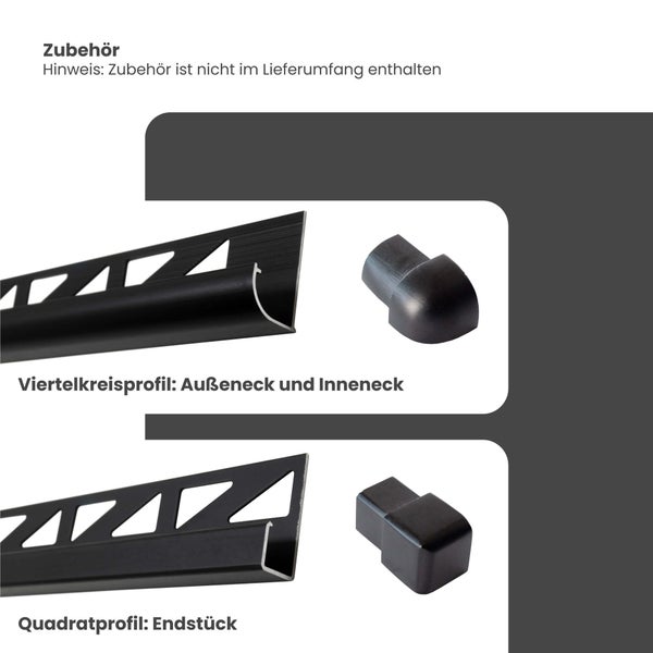 Schwarze Zubehörteile für Fliesenprofile: Viertelkreisprofil mit Eckstücken und Quadratprofil mit Endstück.