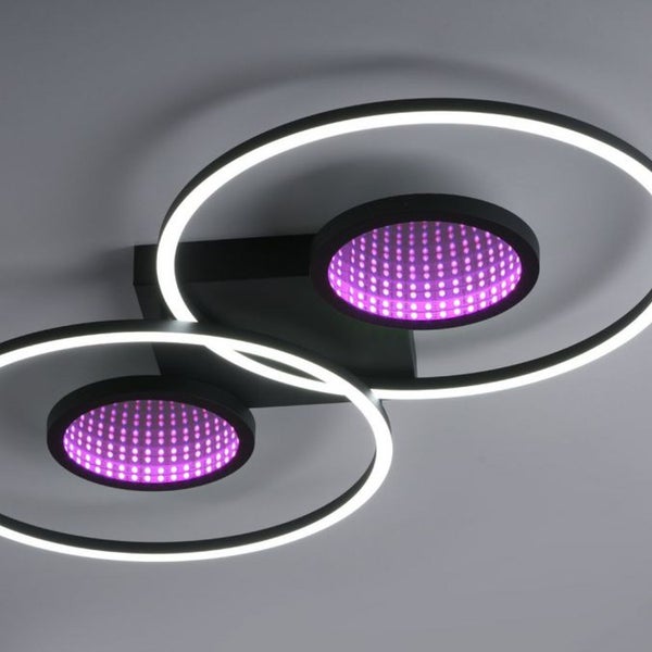 Moderne LED Deckenleuchte mit zwei Ringen und zwei grünen Lichtelementen aus Metall für eine effektvolle Raumbeleuchtung.