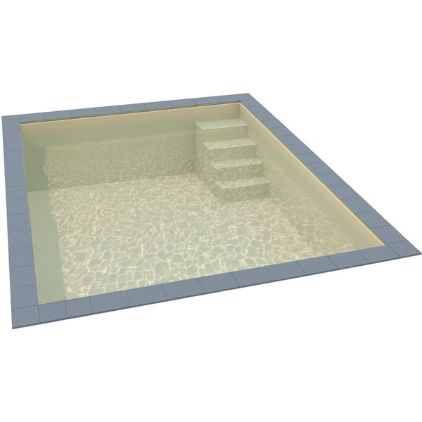 Rechteckiges Schwimmbecken mit integrierter Ecktreppe und grauer Beckenumrandung aus Steinplatten.