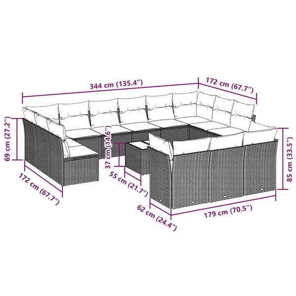14-tlg. Garten-Sofagarnitur mit Kissen Hellgrau Poly Rattan