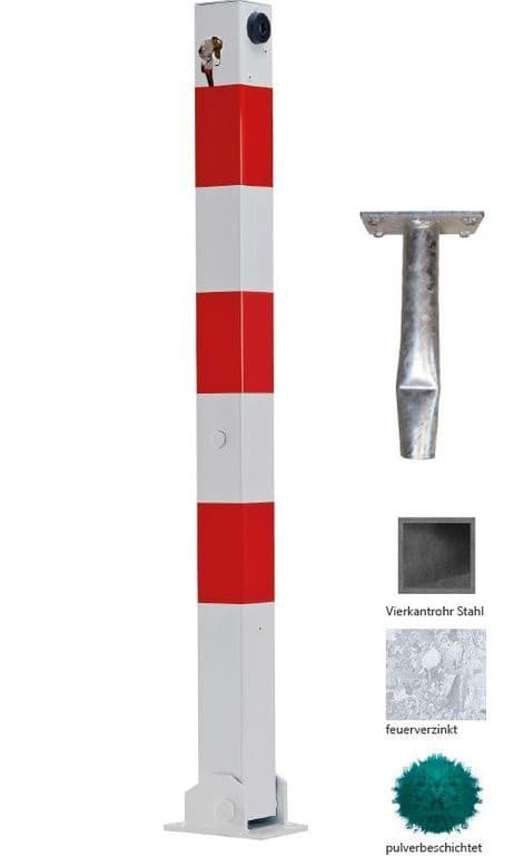 Stahl Absperrpfosten Comfy 70x70mm weiß-rot klappbar Zylinderschloss +Bodenanker / Verschiedenschließend