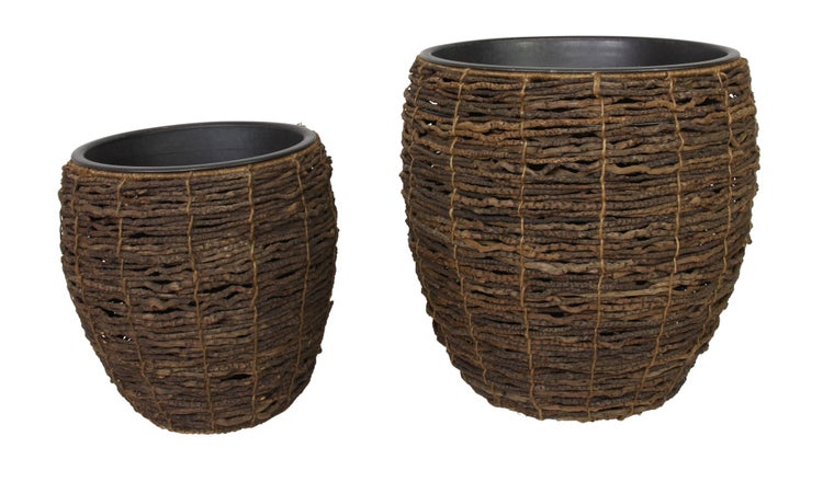 FRANK FLECHTWAREN | Übertopf Kokos, 2er Set, HOLZ, METALL, Übertopf Ø 33 x 36 cm, Einsatz Ø 28 x 25 cm, Übertopf Ø 43 x 46 cm, Einsatz Ø 38 x 30 cm