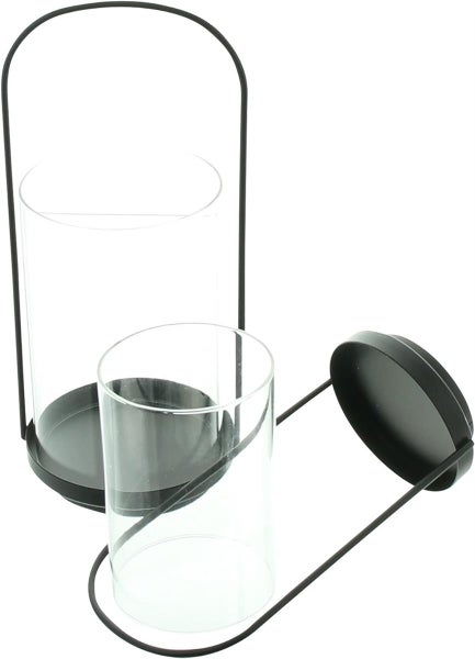 Dekoleidenschaft 2x Windlicht Minimal aus Metall, schwarz & Glas, Kerzenhalter für Stumpenkerzen, Kerzenglas, Windlichtglas