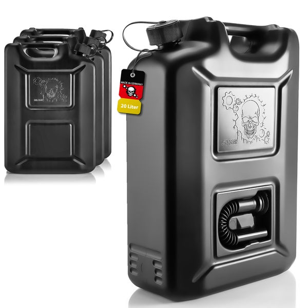 BigDean 4 Stück Benzinkanister 20L Schwarz im Totenkopf Design - Kraftstoffkanister für Benzin, Diesel & AdBlue – Made in Germany