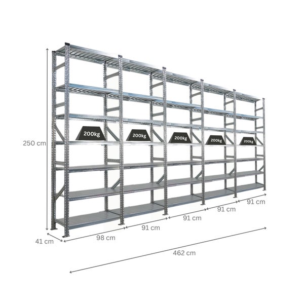 Metallregal mit fünf Regalebenen und den Maßen 250 cm Höhe, 462 cm Breite und 41 cm Tiefe; jede Ebene ist bis 200 kg belastbar.