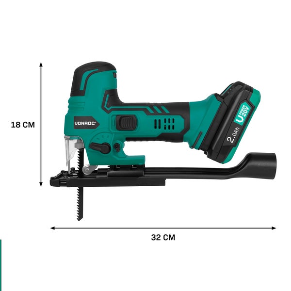 VONROC Stichsäge Akku 20V- Pendelhubstichsäge mit variablem Schnittwinkel & Geschwindigkeit, ergonomischer Griff - mit 2Ah Akku & Ladegerät- inkl. 2 Sägeblätter