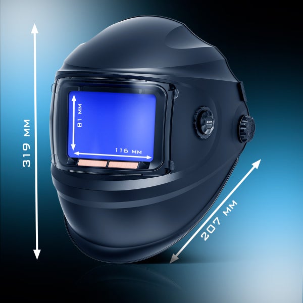 Schweißhelm mit Maßangaben: 319 mm Höhe, 207 mm Tiefe, Sichtfeld 81 mm x 116 mm