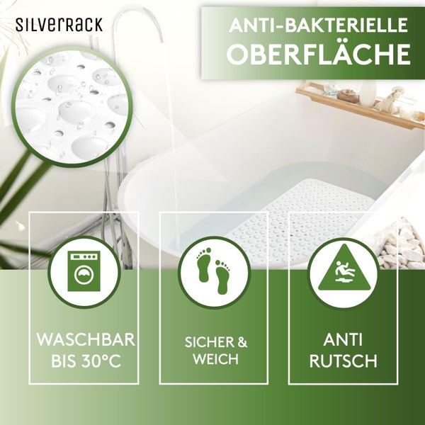 SilverRack Badewannenmatte 100x40 cm (Weiß) - Antirutschmatte Badewanne BPA frei für Kinder und Babys - Duschmatte schimmelresistent & maschinenwaschbar - Badematte rutschfest