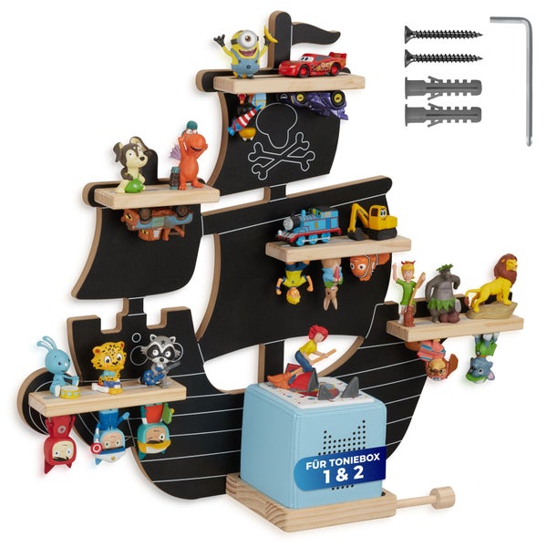 Wandregal in Schiffsform für Toniebox mit Ablageflächen aus Holz und Befestigungsmaterial zur Wandmontage für Kinderzimmer.