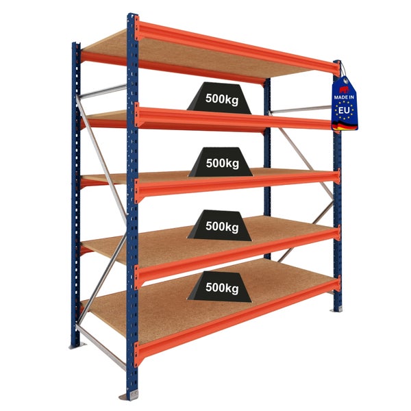 Schwerlastregal, 5 Holzböden, Traglast 500 Kilogramm je Boden, blaues Metallgestell, orange Traversen, hergestellt in der Europäischen Union.