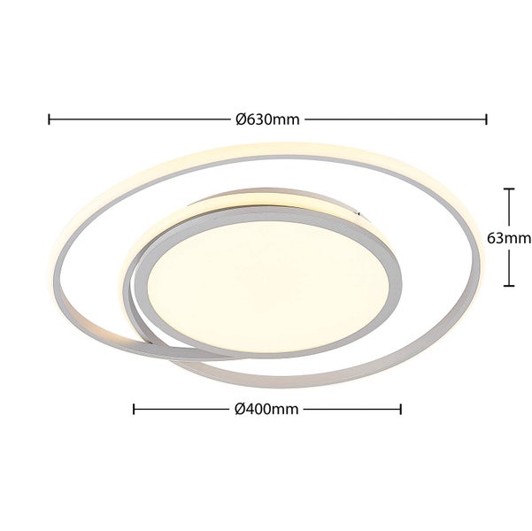Moderne LED-Deckenleuchte mit rundem Design, Durchmesser 630 Millimeter, innerer Ring 400 Millimeter und Höhe 63 Millimeter.