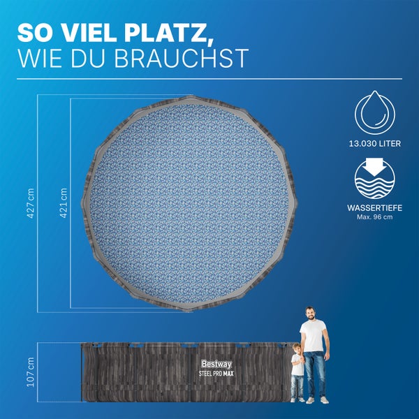 Bestway runder Aufstellpool in Holzoptik. Durchmesser 427 Zentimeter, Höhe 107 Zentimeter. Kapazität 13030 Liter, Wassertiefe maximal 96 Zentimeter.