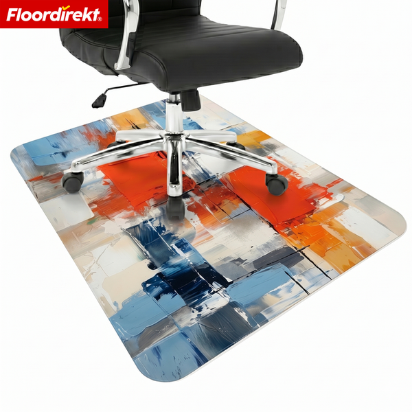 Floordirekt Logo. Rechteckige Bodenschutzmatte für Bürostühle mit abstraktem, gemaltem Design.