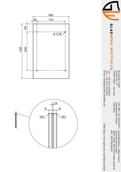 Technische Zeichnung Glasplatte Glaswerk Westfalen, Maße 1200 mal 900 Millimeter, vier Bohrungen, Detailansicht und Glaswerk Westfalen Logo.