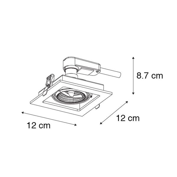 Maßzeichnung einer quadratischen Einbauleuchte: Breite 12 Zentimeter, Länge 12 Zentimeter und Höhe 8,7 Zentimeter.