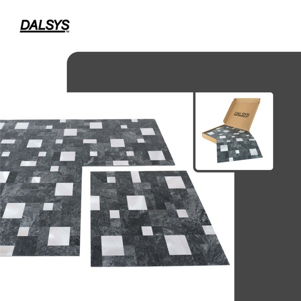 Dalsys Wandpaneele Mosaik in Steinoptik mit quadratischen Metalleinsätzen inklusive Produktverpackung und Dalsys Logo.