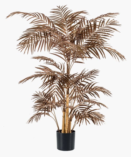 Vlies-Tapete mit metallisch glänzenden Palmblättern in Kupfer.
