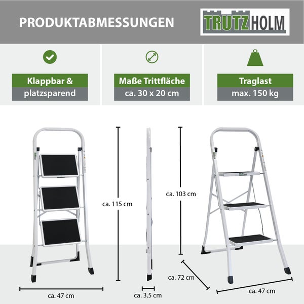 Technische Zeichnung einer klappbaren Trutzholm Haushaltsleiter mit drei Stufen, Traglast 150 Kilogramm und genauen Abmessungen.