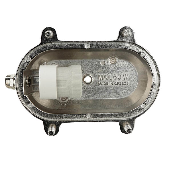 Innenansicht einer ovalen Lampe mit maximal 60 Watt Leistung und dem Herstellungsort Griechenland.