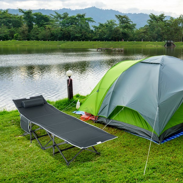 Outsunny Campingbett klappbar Feldbett Klappbett mit Kopfkissen Seitentasche Matratze Gästebett bis 150 kg belastbar Reisen Outdoor Oxford Grau 188 x 64,5 x 53 cm