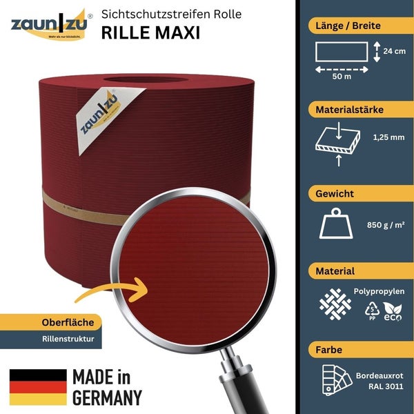 Zaun Sichtschutzstreifen Rolle, gerillte Oberfläche, 50 Meter lang, 24 Zentimeter breit, 1,25 Millimeter Materialstärke, 850 Gramm pro Quadratmeter Gewicht, Polypropylen Material, Made in Germany, Bordeauxrot Farbton