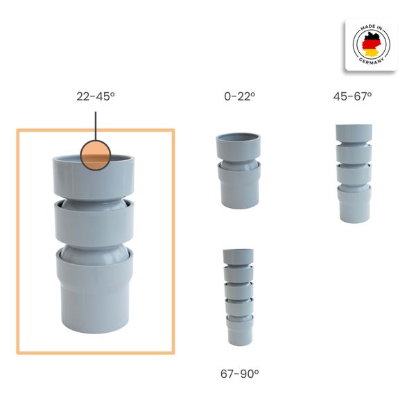 Verstellbarer Hochtemperatur-Bogen aus Kunststoff mit einem Winkelbereich von 22 bis 45 Grad, hergestellt in Deutschland.