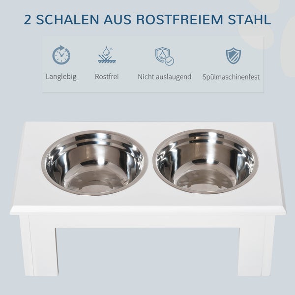 Erhöhte Futterstation für Haustiere mit zwei Edelstahlschalen in weißem Gestell. Langlebig, rostfrei, lebensmittelecht und spülmaschinenfest.