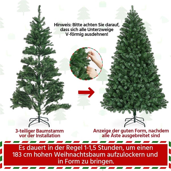 Künstlicher Weihnachtsbaum, Montagehinweis und fertiges Produkt
