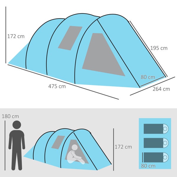 Outsunny Tunnelzelt für 4 Personen, Campingzelt mit 2 Räumen, 475L x 264B x 172H cm, Taft, Blau