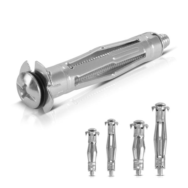 Hohlraumdübel aus Metall in verschiedenen Größen mit Schrauben für Hohlwände.
