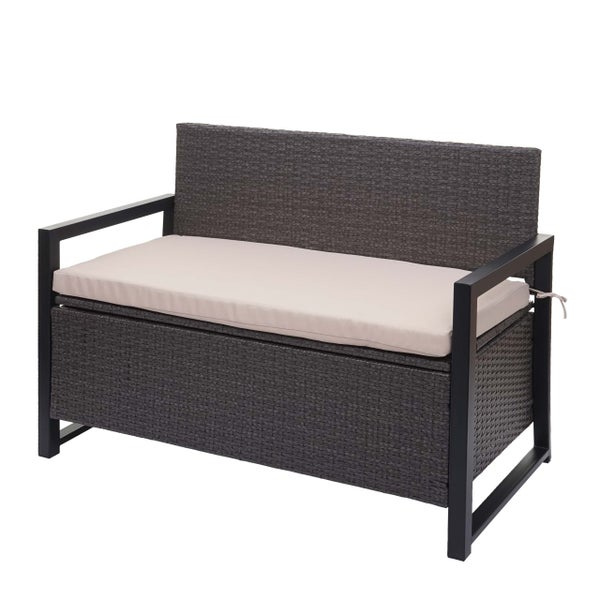 Gartenbank mit Sitztruhe aus grauem Polyrattan, schwarzem Metallgestell und beigem Sitzkissen für zwei Personen.