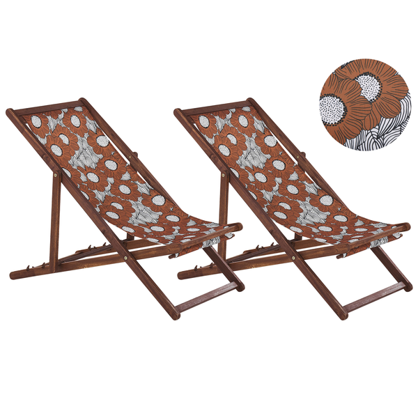 Set mit 2 klappbaren Liegestühlen ANZIO mit Ersatzstoffen Blumenmuster Akazienholz Dunkelbraun