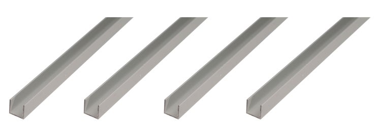 Vier U-Profile aus Aluminium für vielseitige Befestigungs- und Konstruktionsanwendungen