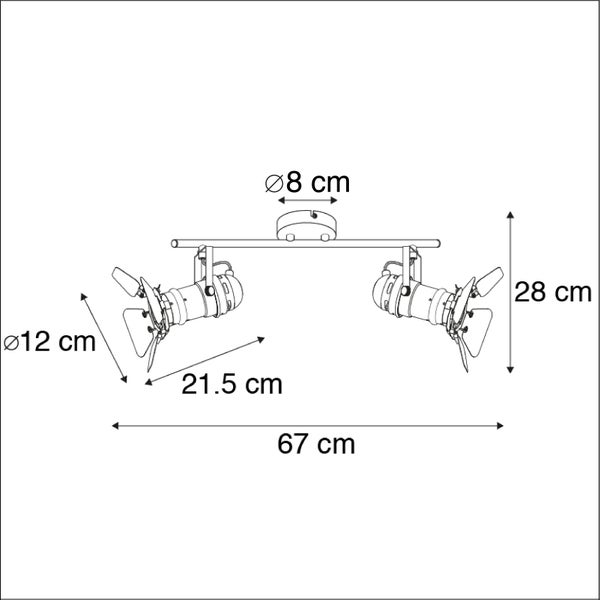 Technische Zeichnung einer Deckenleuchte mit zwei Strahlern und Maßangaben
