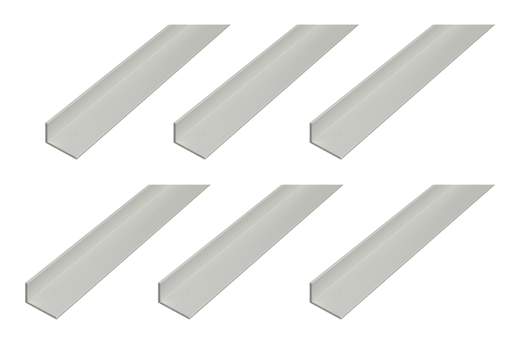 Sechs Winkelprofile aus Aluminium zur Verwendung im Heimwerkerbereich.