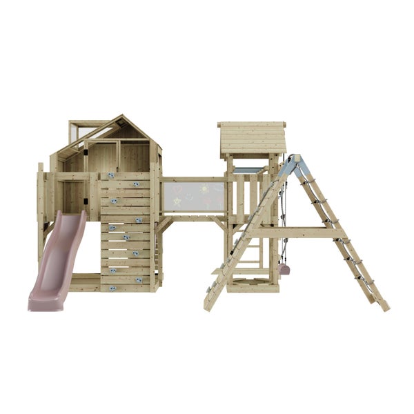 Spielanlage aus Holz mit Rutsche, Kletterwand und Schaukel