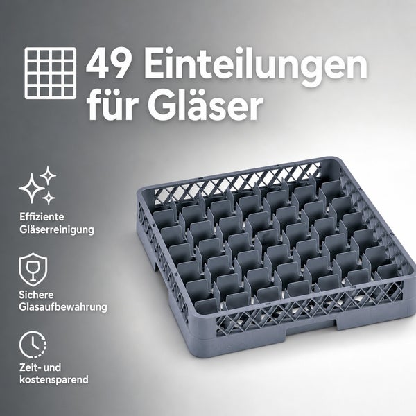 Spülkorb mit 49 Fächern für die effiziente Reinigung und sichere Aufbewahrung von Gläsern in Gewerbespülmaschinen.