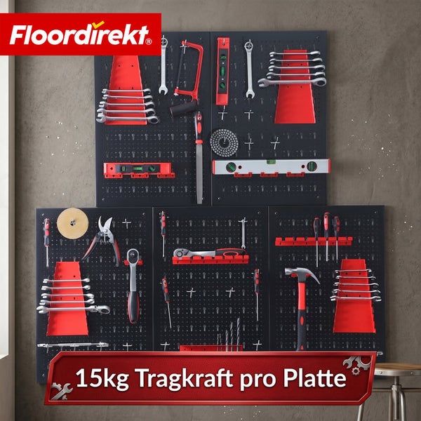 Floordirekt Logo. Werkzeugwand aus Kunststoff mit verschiedenen Handwerkzeugen. 15 Kilogramm Tragkraft pro Platte.