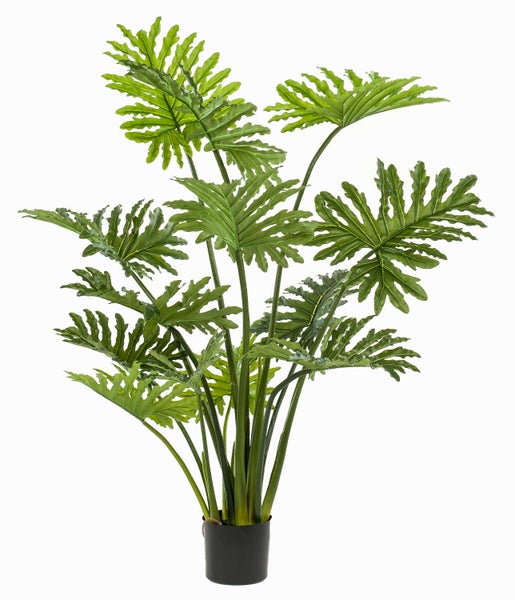 Künstliche Pflanze Philodendron mit grünen Blättern im schwarzen Topf.