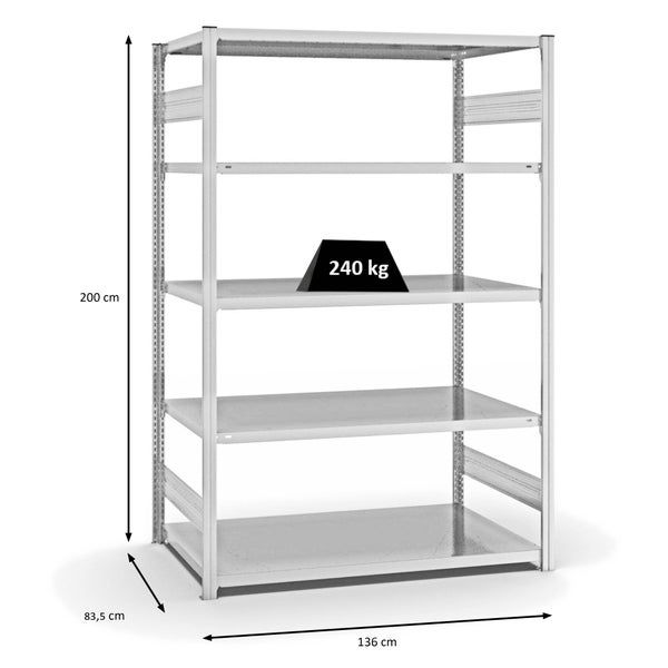 PROREGAL Fachbodenregal Stecksystem T-Profil Medium-Duty Grundregal HxBxT 200 x 130 x 80 cm 5 Ebenen Fachlast 240 kg Beidseitig Nutzbar Lichtgrau