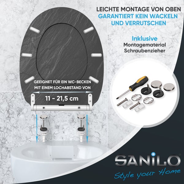 Sanilo WC Sitz mit Schieferoptik inklusive Befestigungsmaterial zur leichten Montage von oben bei einem Lochabstand von 11 bis 21,5 Zentimeter.