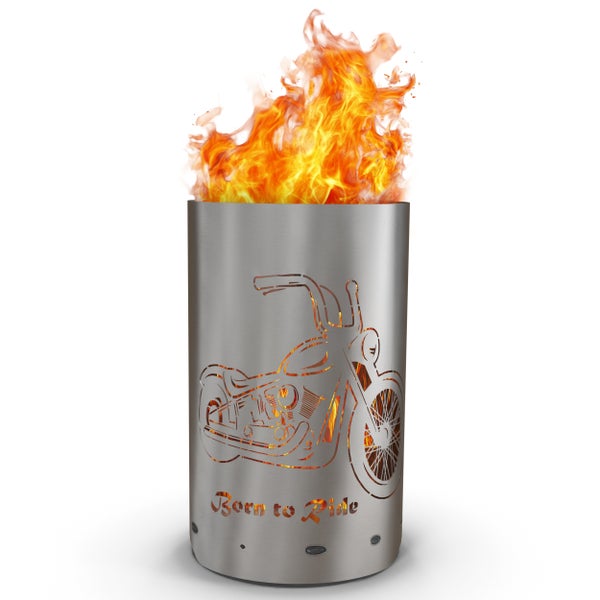 Feuerstelle aus Edelstahl mit Motorrad Motiv und Schriftzug Born to Ride