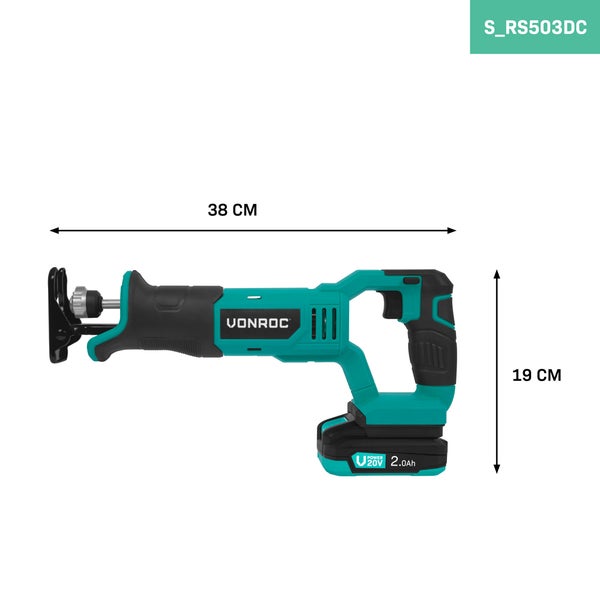 Vonroc Akku-Säbelsäge mit den Maßen 38 cm Länge und 19 cm Höhe