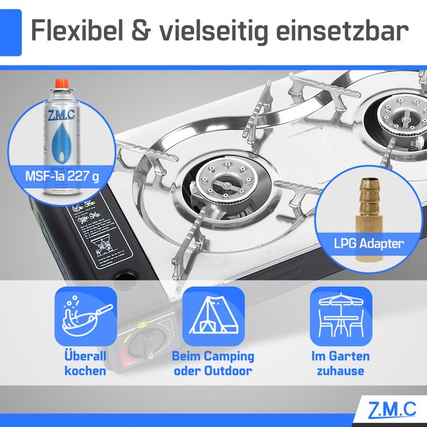 Mobiler Zweiflammen-Gaskocher inklusive 227 Gramm Butangaskartusche und LPG-Adapter für Camping und Garten. Z.M.C Logo.