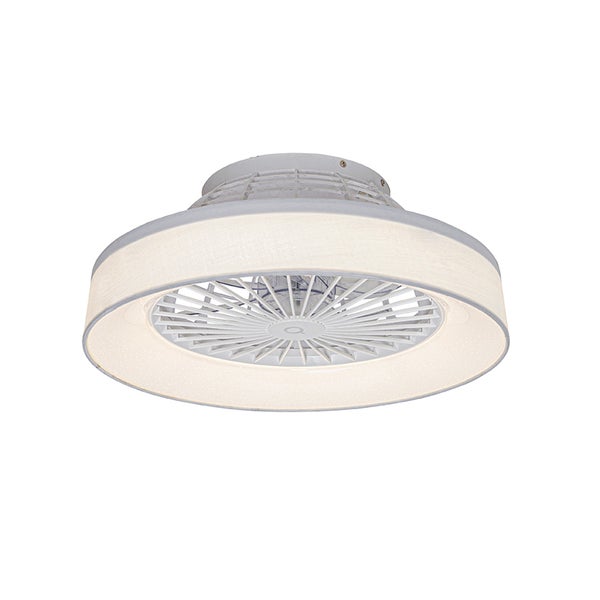 Deckenventilator mit LED-Beleuchtung und Textilschirm, rundes Design.