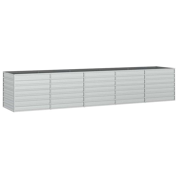 Langes, rechteckiges Hochbeet aus verzinktem Metall mit gewellten Paneelen.