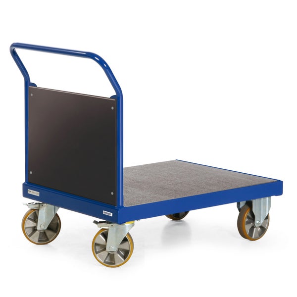 Blauer Transportwagen mit Ladefläche und Schiebebügel
