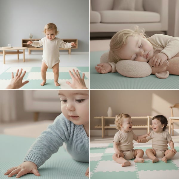 Collage zeigt Babys beim Spielen, Schlafen und Krabbeln auf einer weichen Schaumstoff-Spielmatte mit Karomuster in einem hellen Wohnzimmer.