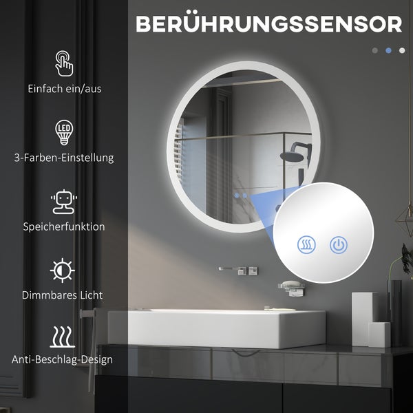 kleankin Badspiegel mit Beleuchtung, Ø70 cm Wandspiegel mit 3 Lichtfarben, IP44 Lichtspiegel mit Touch-Schalter, Memory-Funktion, Badezimmerspiegel mit Anti-Beschlag